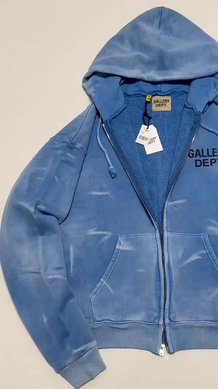 GALLERY DEPT. SUN FADED ENGLISH LOGO ZIP UP/BLUE Sun-washed blue water ripple English zipper hoodie Washed blue S-XL Ready-to-wear dyeing Hand-sewn heavy-weight horsetail fading Super-heavy washing Hand-hanging holes Bones frayed and whitened Mold customization with G LOGO zipper Correct accessories!